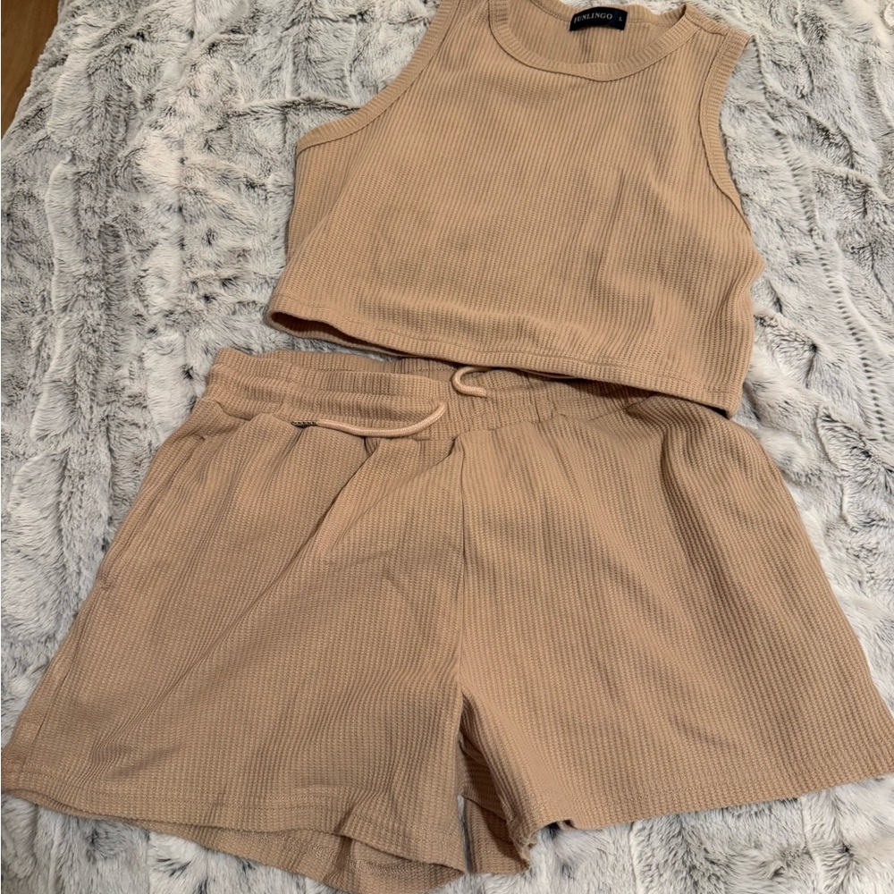 Tan Ribbed Tank and Shorts Set